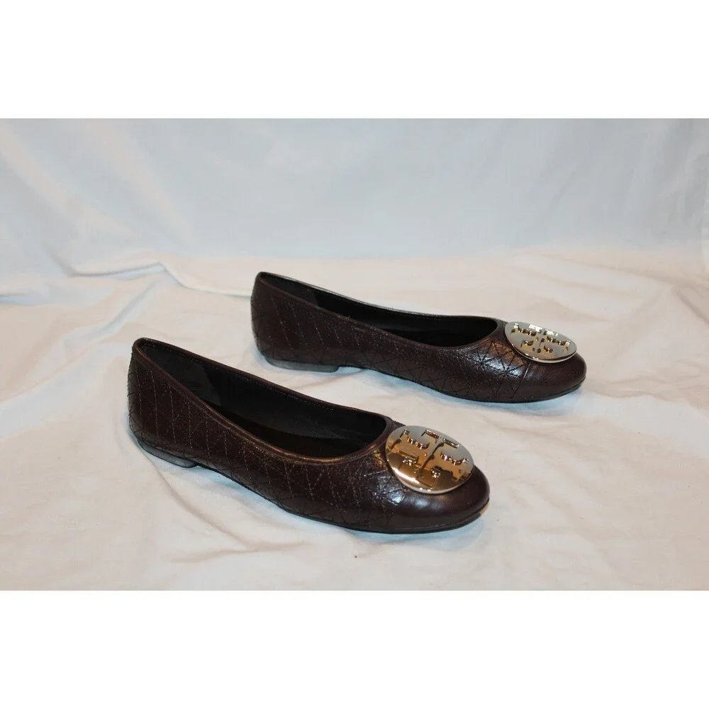 TORY BURCH WOMEN'S CLAIRE QUILTED NAPPA LEATHER BALLET FLATS BROWN 6.5